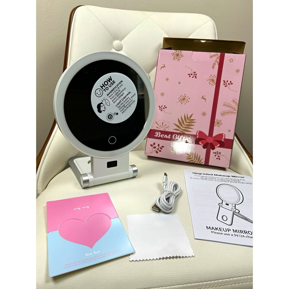LED Lighted Portable Round Makeup Mirror Touch Magnifying Rechargeable White
